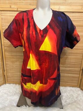 S.C.R.U.B.S. Smart Scrubs Halloween Jack o lantern pumpkin scrubs top woman’s S